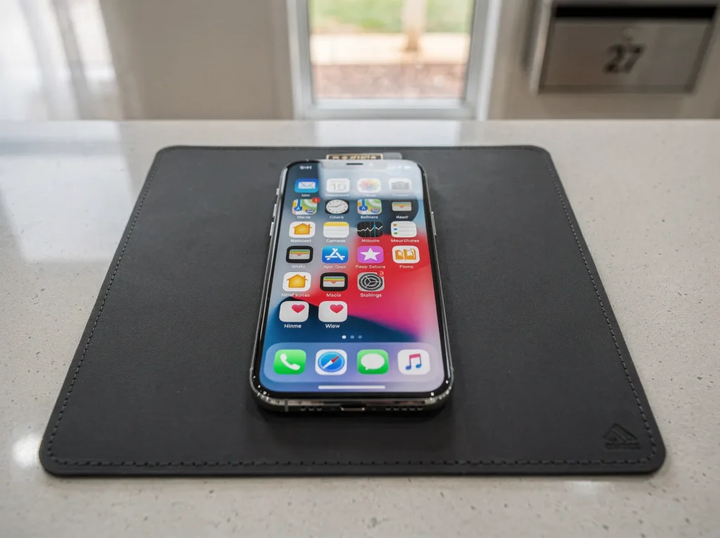 Reassembled smartphone with flawless new screen glowing on a West Perth repair mat.