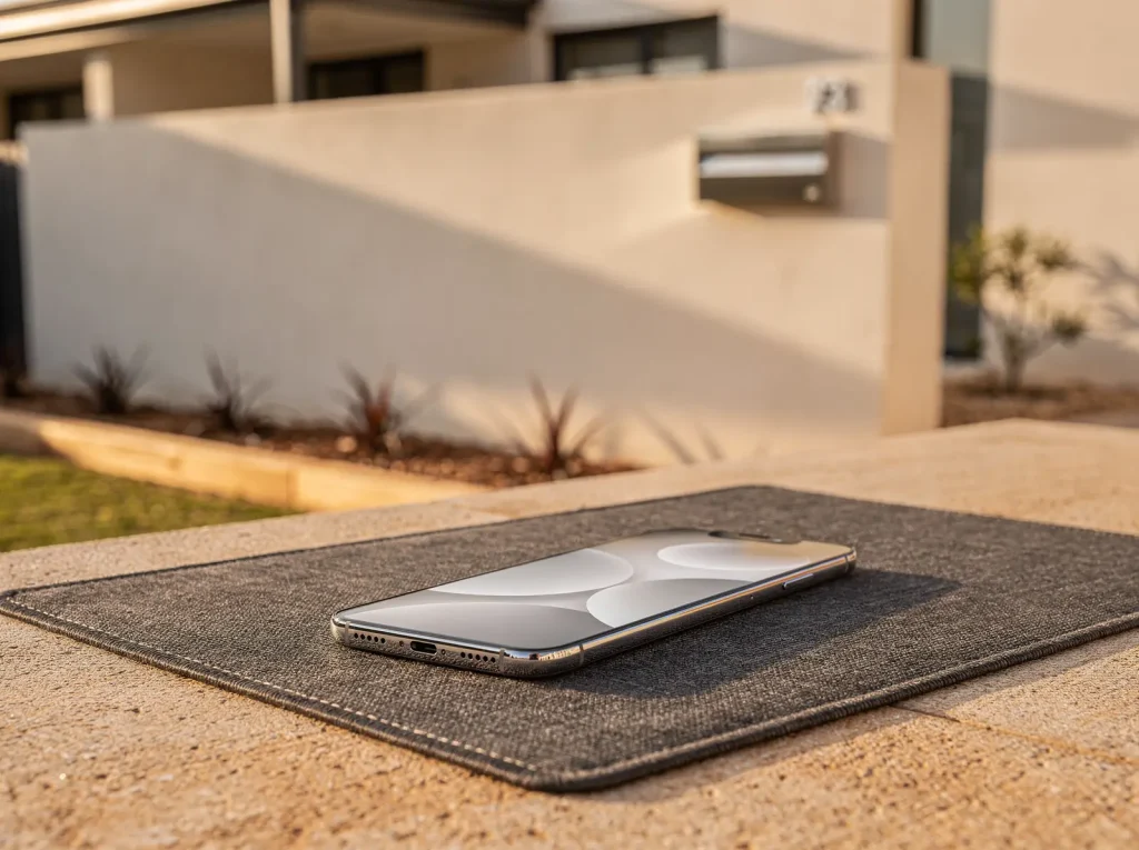 Restored flagship phone face-up on charcoal mat with flawless glowing display.