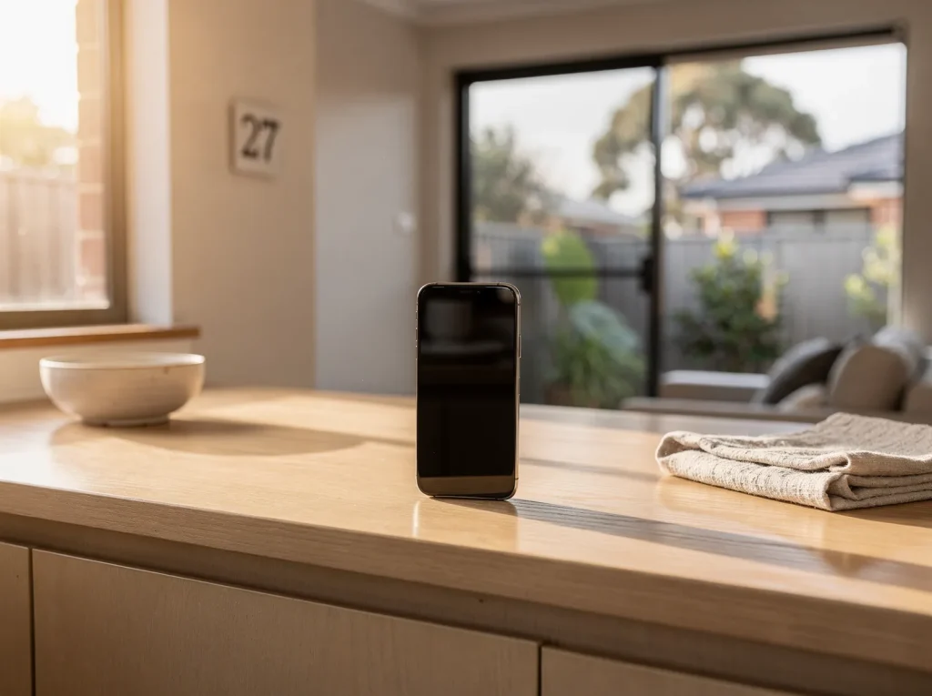 Repaired premium phone standing on light-oak counter in warm West Perth window light.