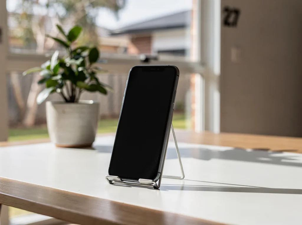 Repaired phone in a slim stand on a minimalist desk beside a plant.