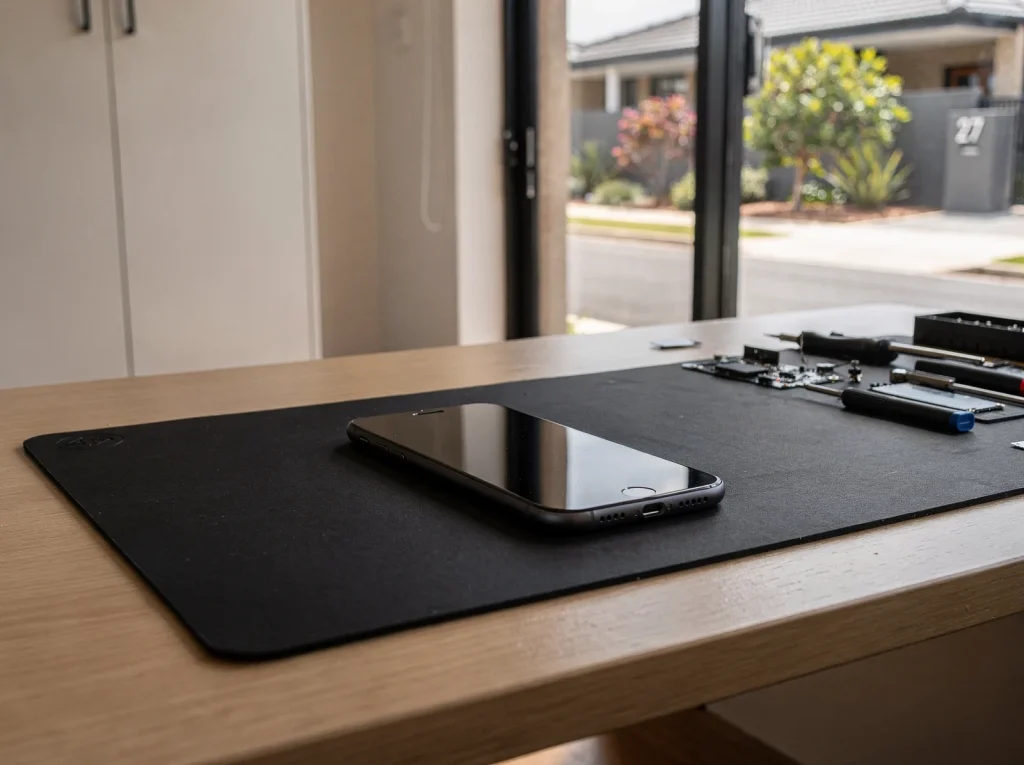 Repaired phone displayed on anti-static mat at a tidy West Perth repair bench.