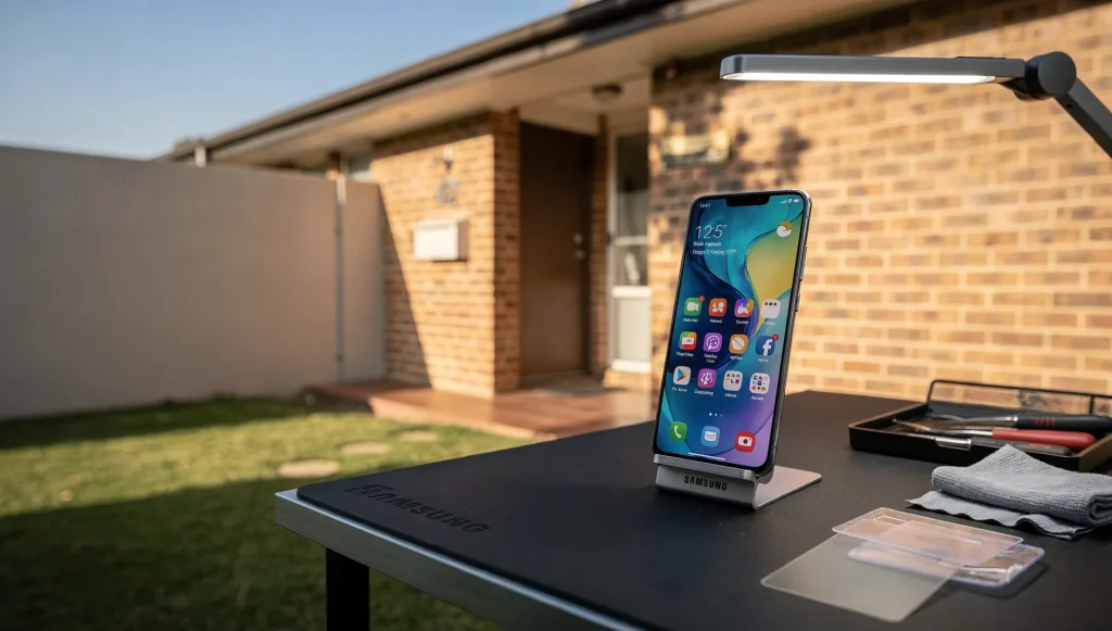 Repaired Samsung Galaxy on repair stand at West Perth brick home verandah.