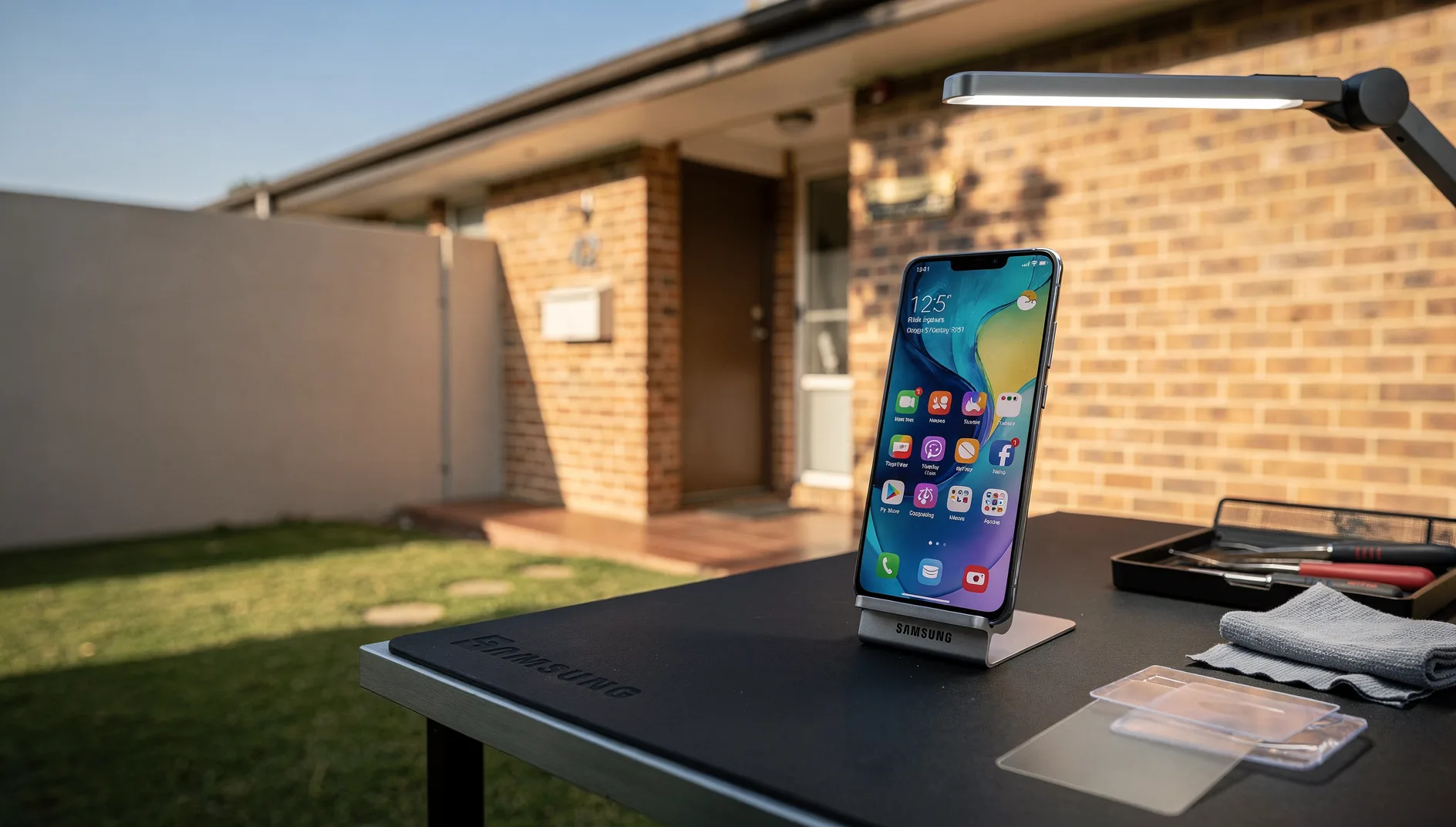 Repaired Samsung Galaxy on repair stand at West Perth brick home verandah.