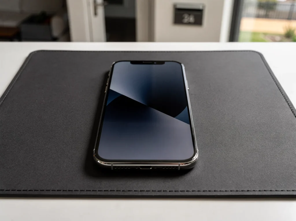 Freshly repaired smartphone with flawless OLED screen on a charcoal repair mat in West Perth.