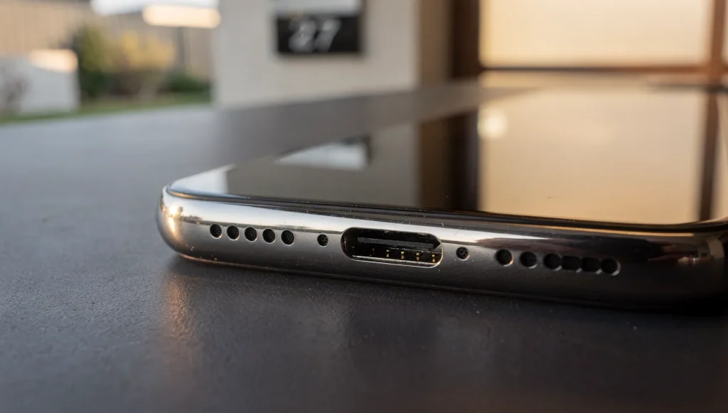Freshly repaired USB-C charging port on flagship smartphone at West Perth phone repair workbench.