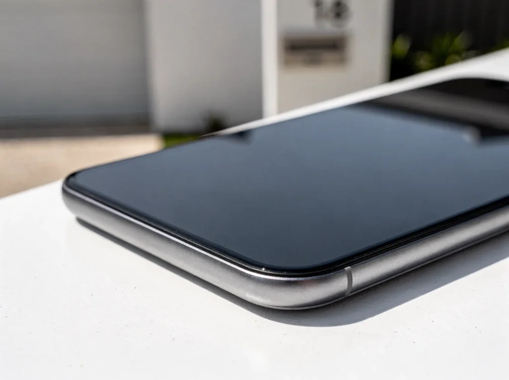 Flush-seated phone screen edge and machined frame corner after West Perth repair.