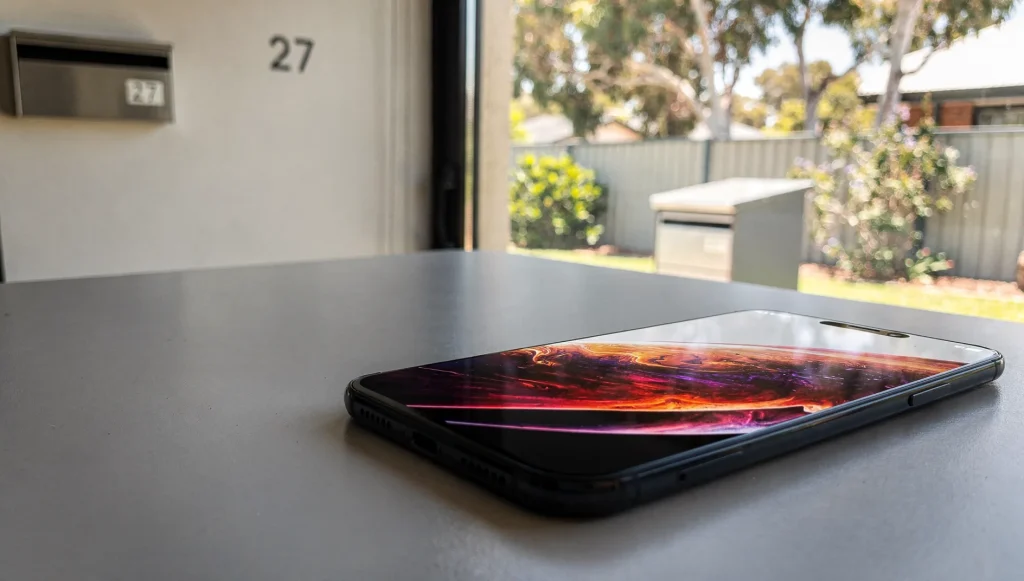 Repaired smartphone with flawless crack-free OLED display after West Perth phone repairs.