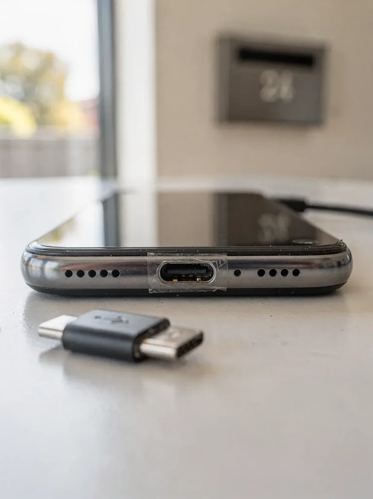 Close-up of freshly repaired USB-C charging port with cable resting nearby on workbench.