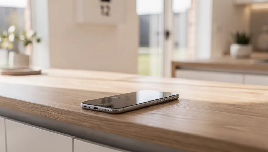 Smartphone with cracked screen displayed against a clean, uncluttered background.